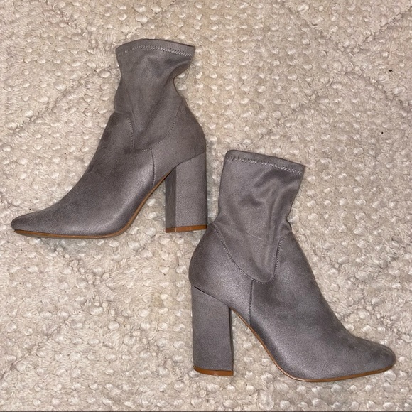 Grey Suede Chunky Block Heel Sock Booties - Picture 5 of 12